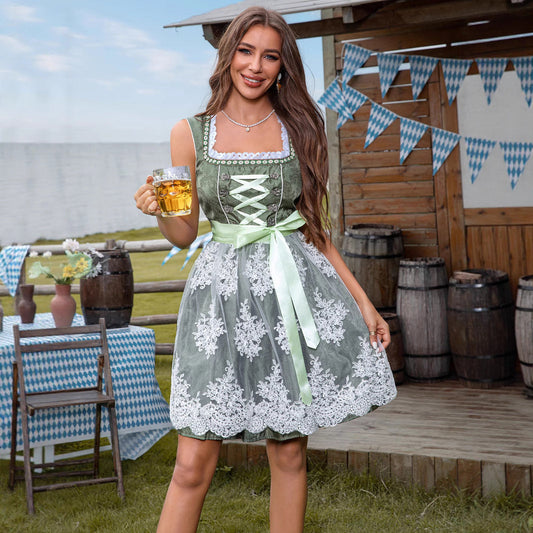 Green dirndl with floral lace and satin bow