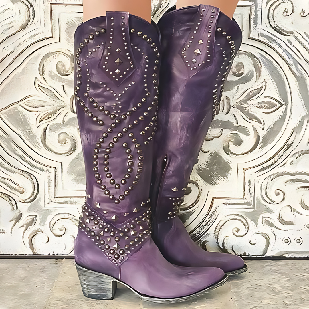 Valeria – High cowboy boots with an aged effect, metallic studs and a medium heel