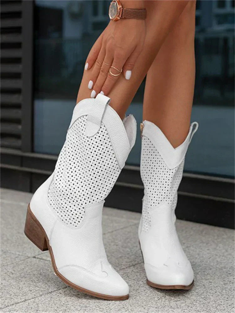Solara – Botas cowboy blancas transpirables con tacón medio