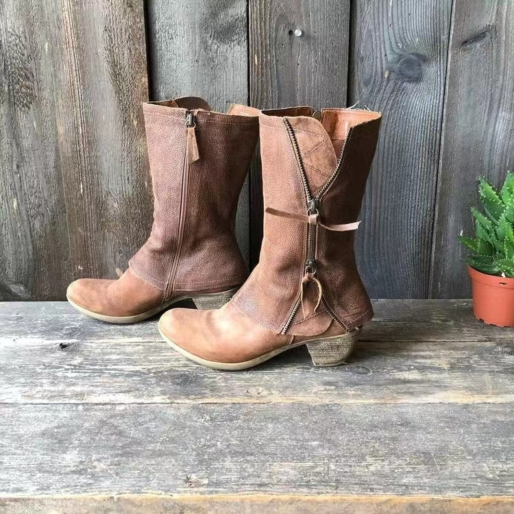 Sienna – Botas camperas marrón vintage con cremallera doble y tacón medio cómodo