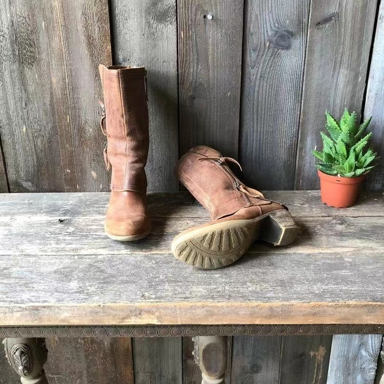 Sienna – Botas camperas marrón vintage con cremallera doble y tacón medio cómodo