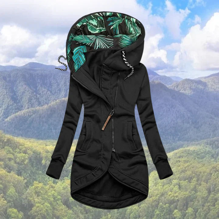 Isla - Chaqueta larga para mujer con capucha estampada