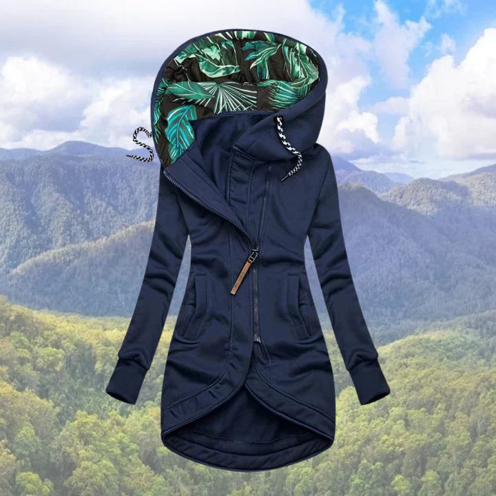 Isla - Chaqueta larga para mujer con capucha estampada