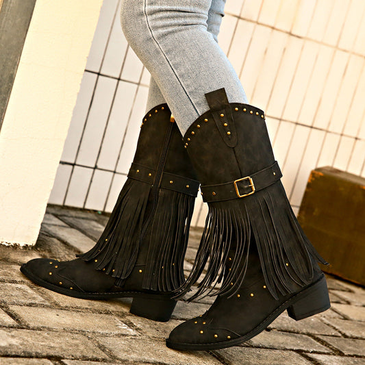 Brown Cowboy Boots with Fringe and Studs