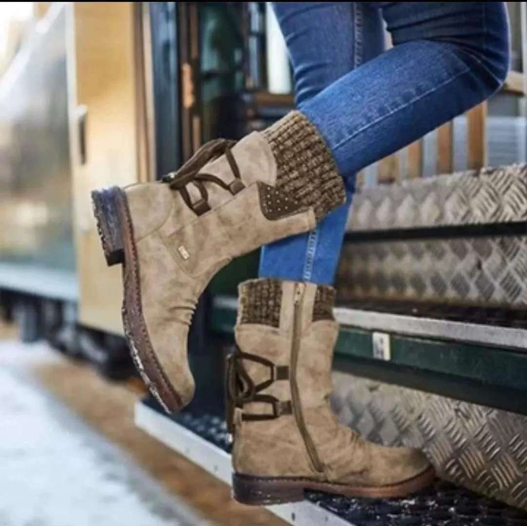 Botas de Invierno con Cordones, Cremallera Lateral y Puño de Punto