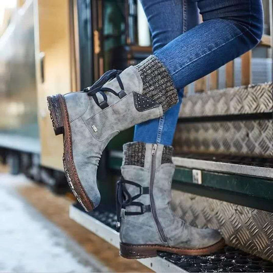 Botas de Invierno con Cordones, Cremallera Lateral y Puño de Punto