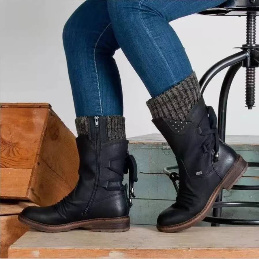 Botas de Invierno con Cordones, Cremallera Lateral y Puño de Punto