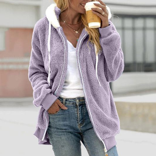 Isabelle - chaqueta de peluche teddy bicolor para mujer con capucha y cremallera