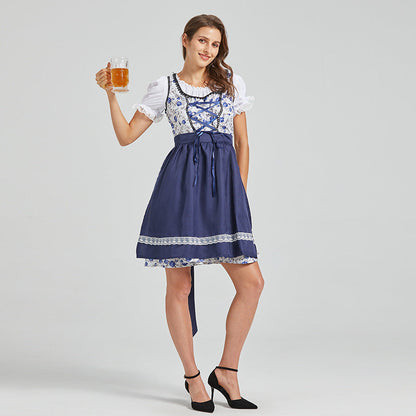 Dirndl azul marino con bordados florales y lazo al frente