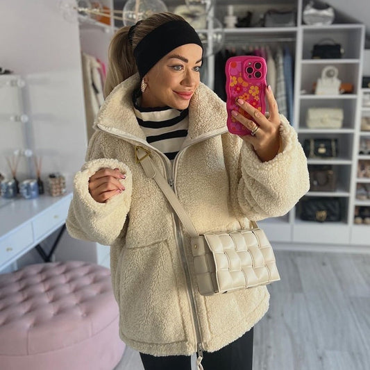 Chaqueta de Invierno de Felpa con Cremallera, Cuello Alto y Bajo Ajustable