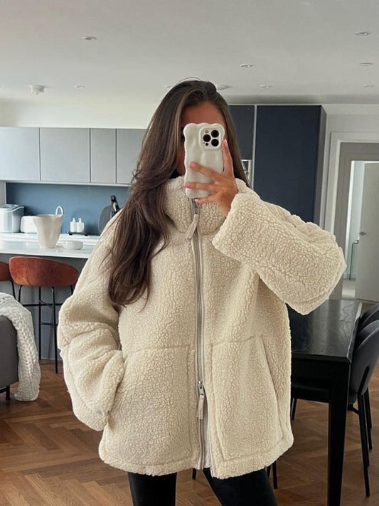 Chaqueta de Invierno de Felpa con Cremallera, Cuello Alto y Bajo Ajustable