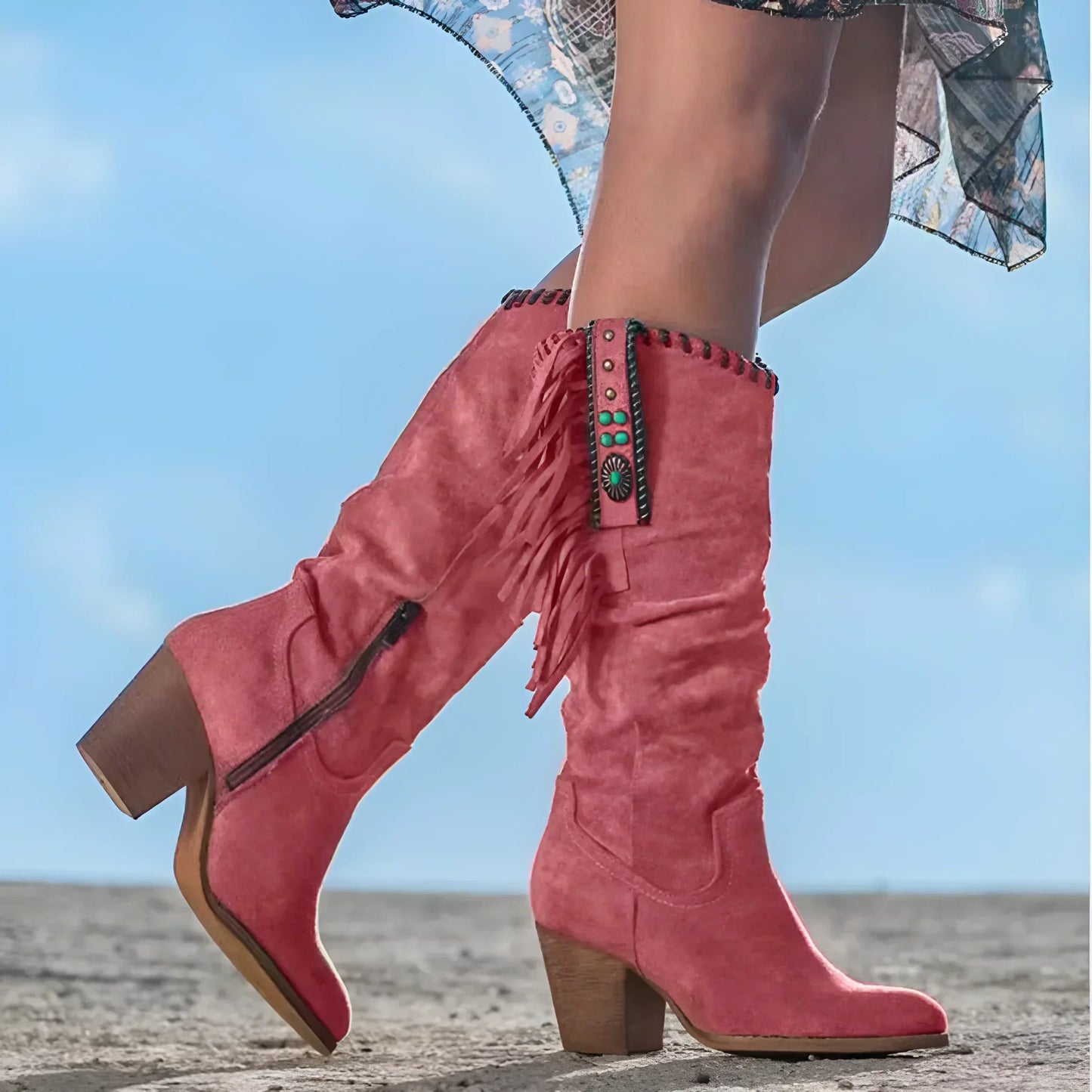 Botas cowboy en ante marrón con flecos y detalles turquesa