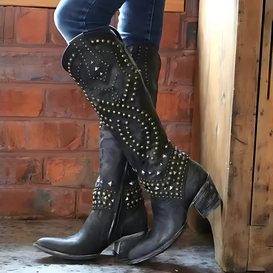 Valeria – Botas cowboy altas con efecto envejecido, tachuelas metálicas y tacón medio
