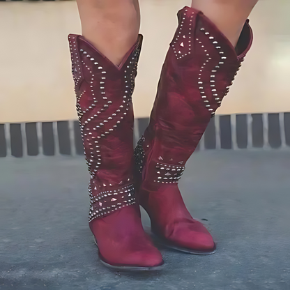 Valeria – Botas cowboy altas con efecto envejecido, tachuelas metálicas y tacón medio