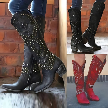 Valeria – Botas cowboy altas con efecto envejecido, tachuelas metálicas y tacón medio