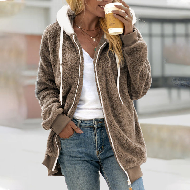 Isabelle - chaqueta de peluche teddy bicolor para mujer con capucha y cremallera