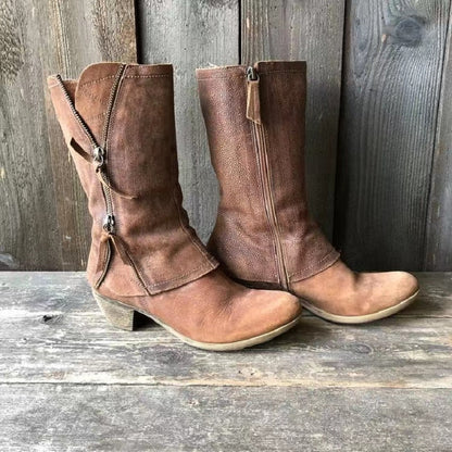 Sienna – Botas camperas marrón vintage con cremallera doble y tacón medio cómodo