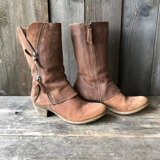 Sienna – Botas camperas marrón vintage con cremallera doble y tacón medio cómodo