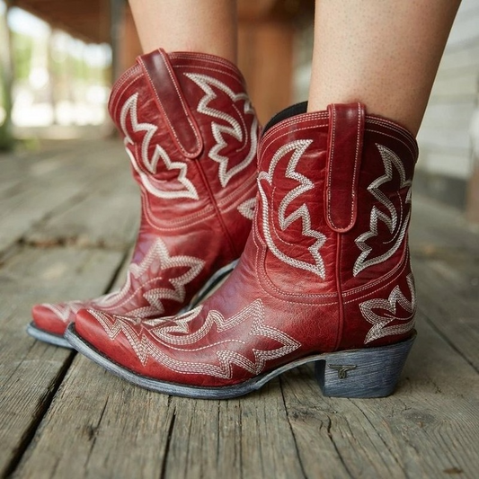 Aquaria – Botas cowboy turquesa con bordado artesanal y tacón bajo de madera