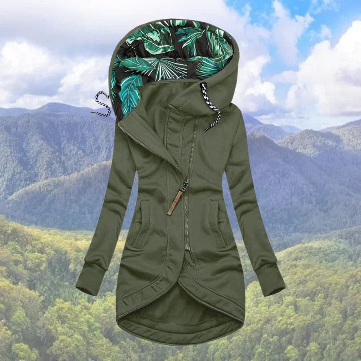 Isla - Chaqueta larga para mujer con capucha estampada