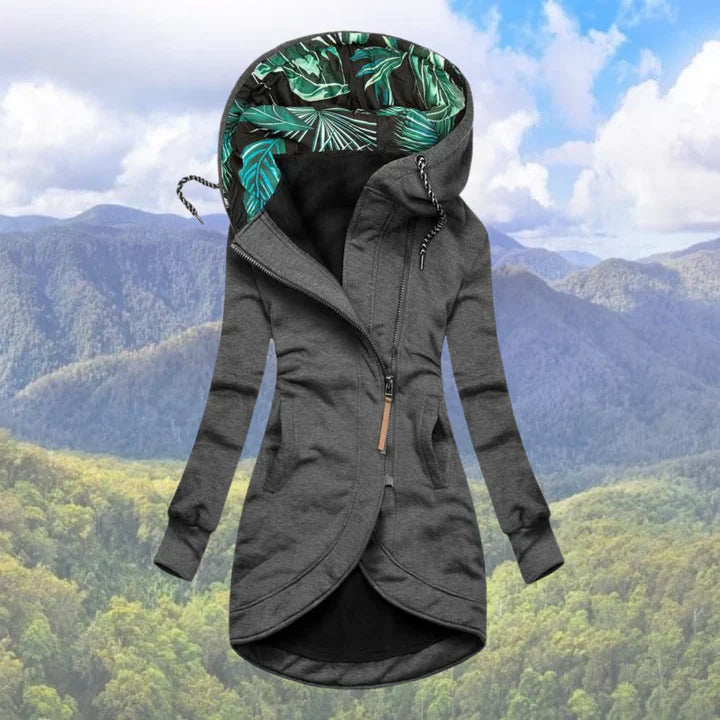Isla - Chaqueta larga para mujer con capucha estampada