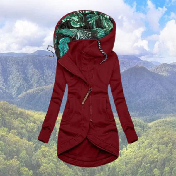 Isla - Chaqueta larga para mujer con capucha estampada