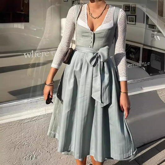 Melina – Vestido Oktoberfest gris con lazo satinado
