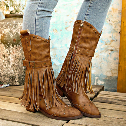 Botas Cowboy Marrón con Flecos y Tachuelas