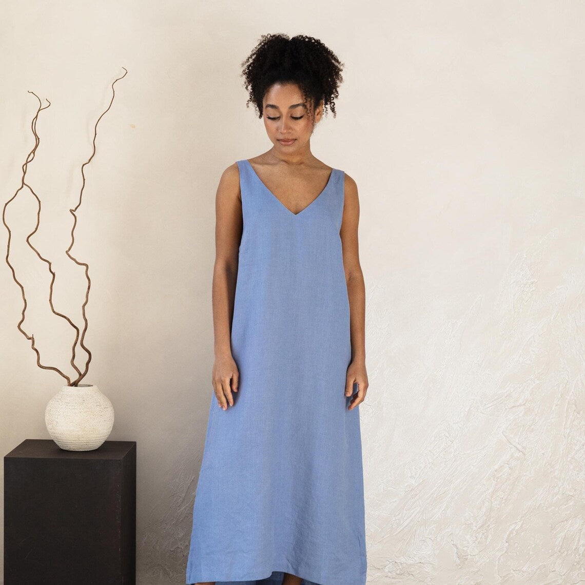 Vestido largo de lino azul