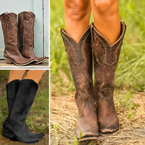 Botas cowboy marrones con detalles en relieve y acabado rústico